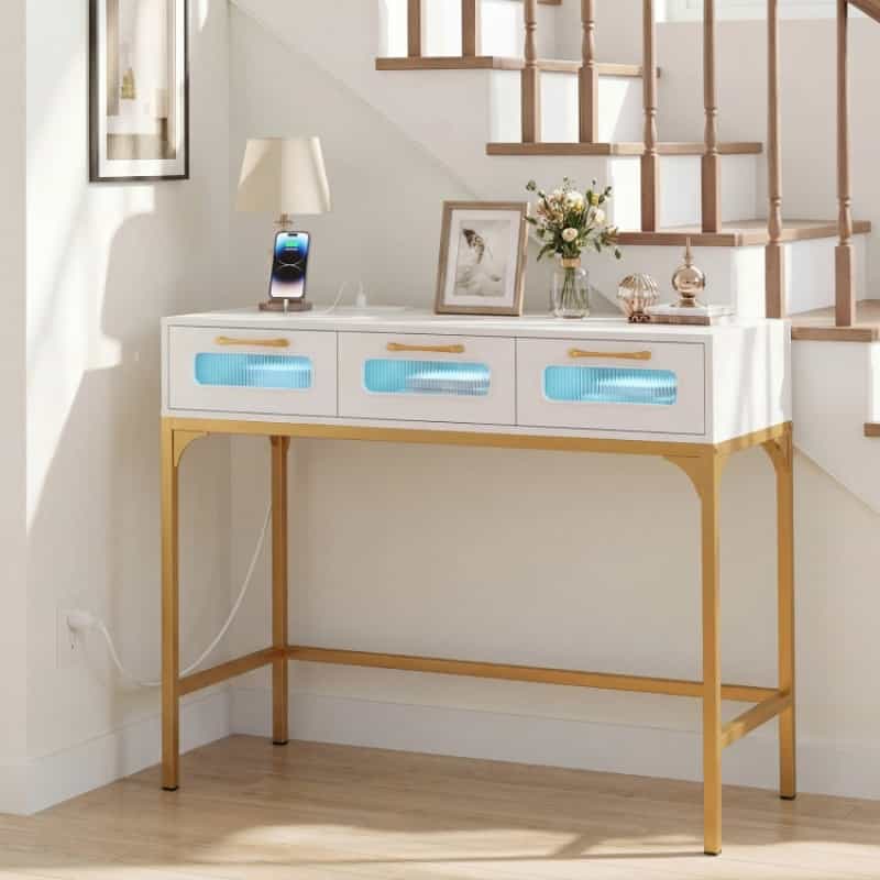 Console Table With Led Lighting And Charging Station For Living Room And Hallway-White