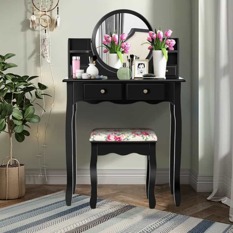Makeup Vanity Table Set Girls Dressing Table With Drawers Oval Mirror-Black