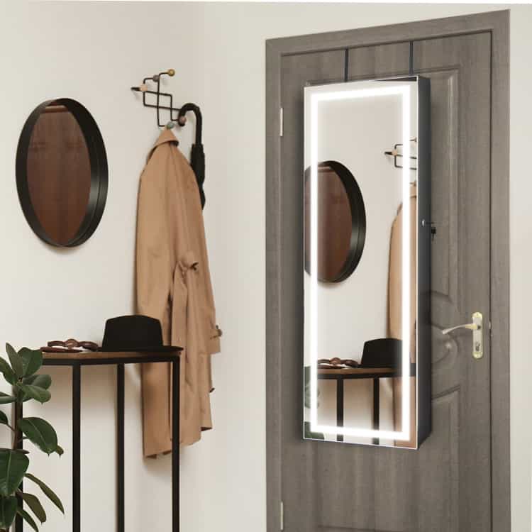 Mirrored Jewelry Armoire With Full Length Mirror And 2 Internal Led Lights-Black