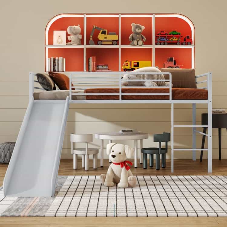 Twin Metal Loft Bed With Slide Safety Guardrails And Built-In Ladder-Silver