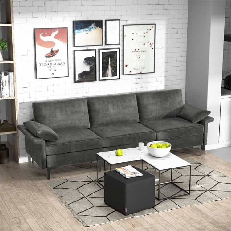 Large 3-Seat Sofa Sectional With Metal Legs And 2 Usb Ports For 3-4 People-Silver