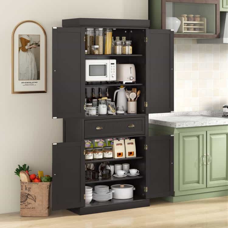 Cupboard Freestanding Kitchen Cabinet W/ Adjustable Shelves-Dark Brown