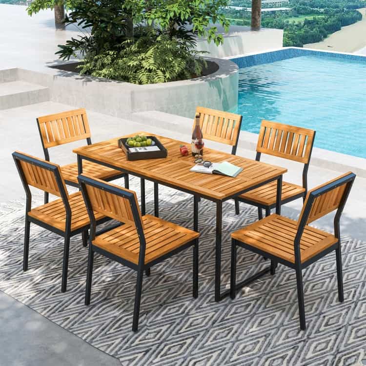 Acacia Wood Dining Table For 6 People With Slatted Tabletop And Umbrella Hole