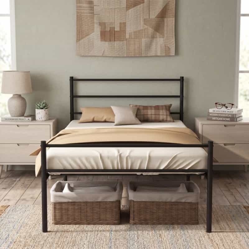 Twin Size Metal Bed Frame Platform With Headboard-Black