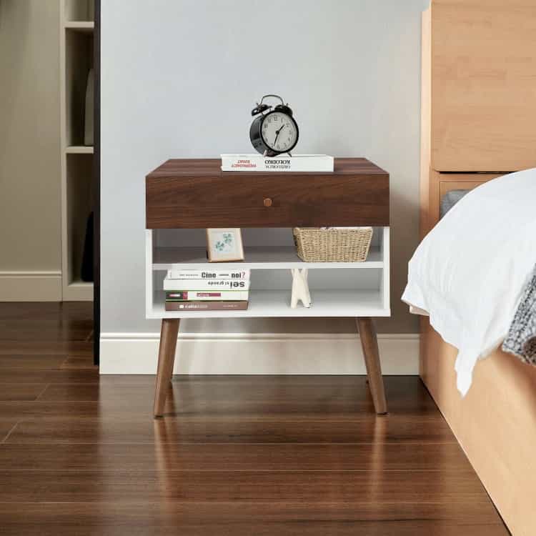 Mid-Century Nightstand With Drawer And Rubber Wood Legs