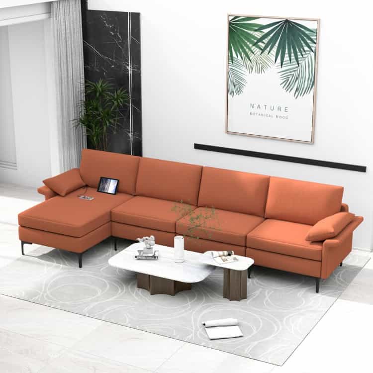 Extra Large L-Shaped Sectional Sofa With Reversible Chaise And 2 Usb Ports For 4-5 People-Rust Red