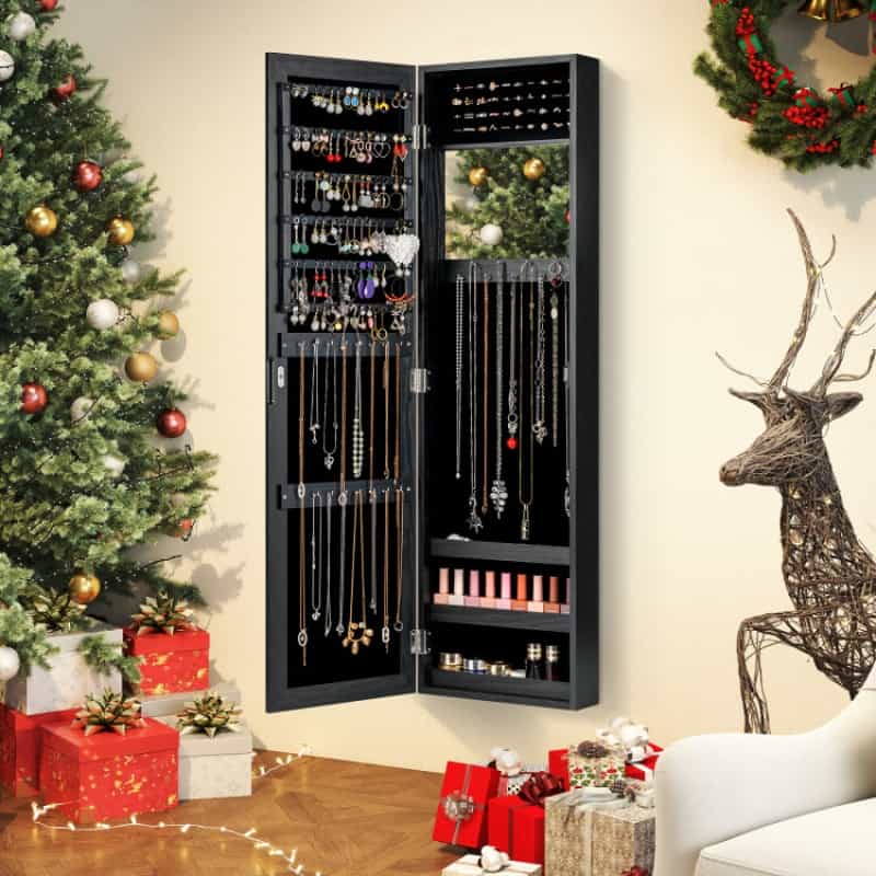 Full Length Mirror Jewelry Cabinet With Ring Slots And Necklace Hooks-Black