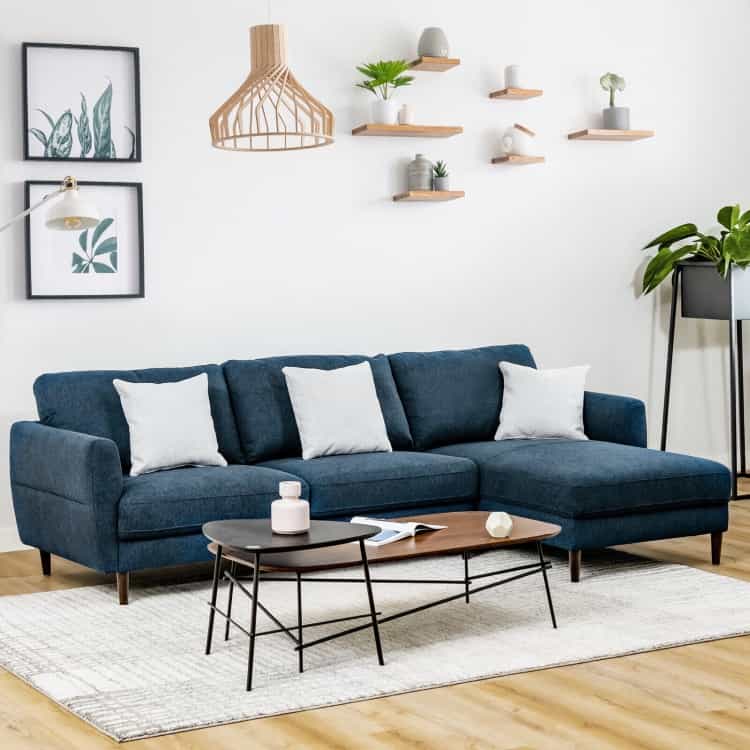 L-Shaped Fabric Sectional Sofa With Chaise Lounge And Solid Wood Legs-Navy