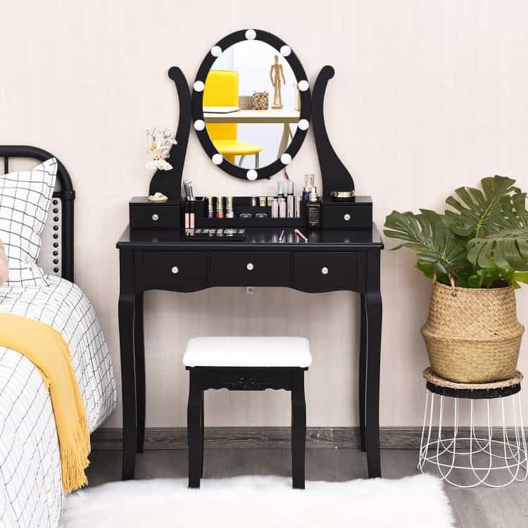10 Dimmable Lights Vanity Table Set With Lighted Mirror And Cushioned Stool-Black