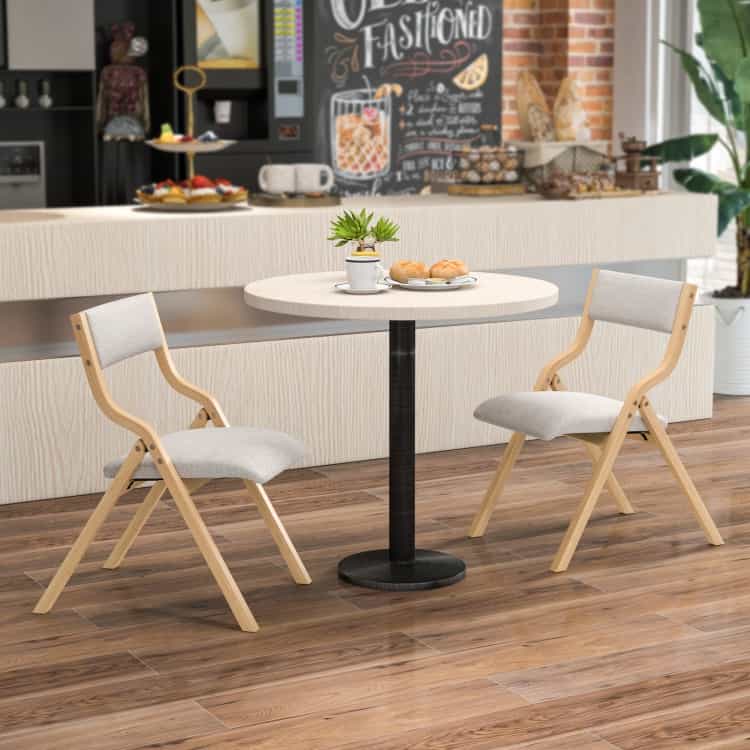 Set Of 2 Wooden Folding Dining Chair With Linen Fabric Padded Seat And Backrest-Natural
