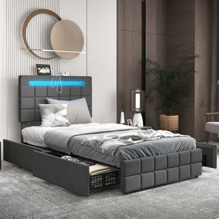 Upholstered Led Bed Frame With Headboard And 4 Drawers-Twin Size