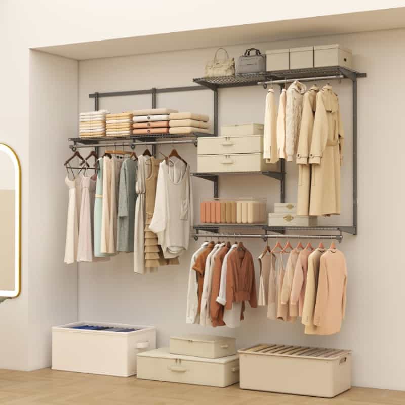 Closet System 4-8 Ft Wall-Mounted Closet Shelves And Rod-Gray