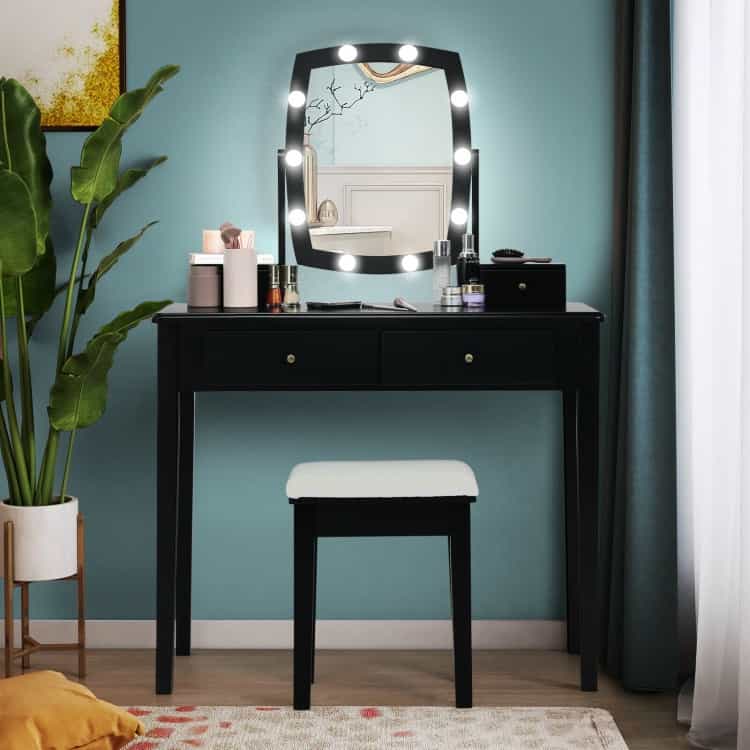 Vanity Table Set With Lighted Mirror For Bedroom And Dressing Room-Black