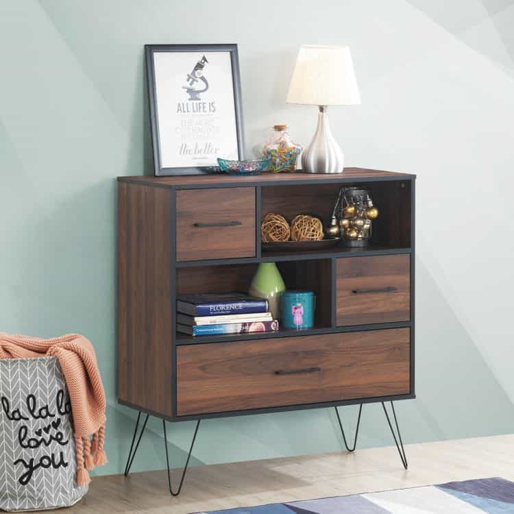 3-Tier Wood Storage Cabinet With Drawers And 4 Metal Legs