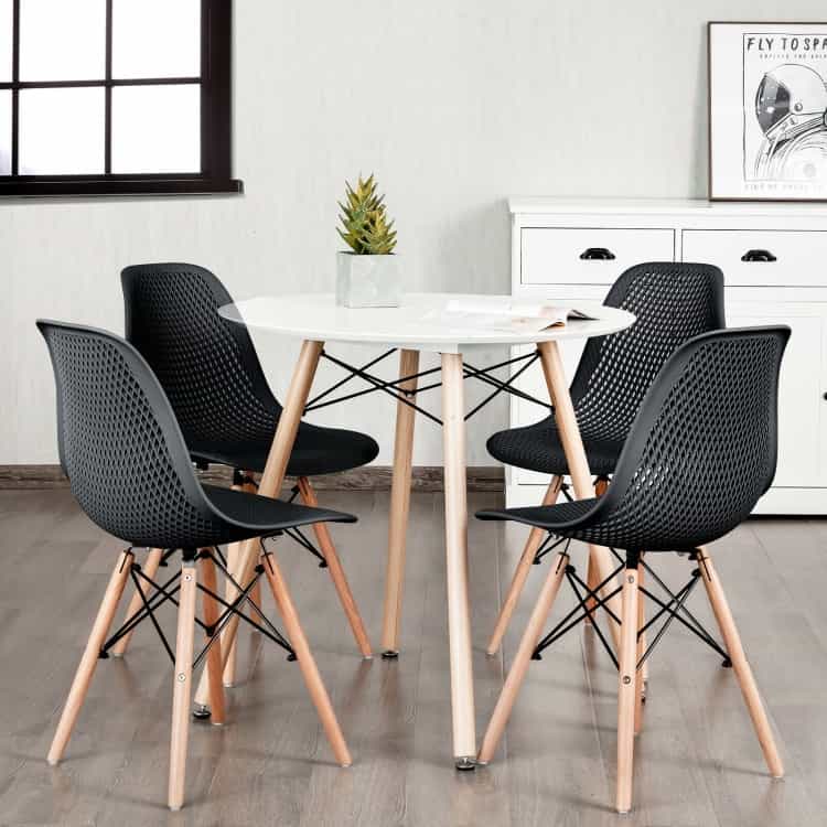 4 Pieces Modern Plastic Hollow Chair Set With Wood Leg-Black