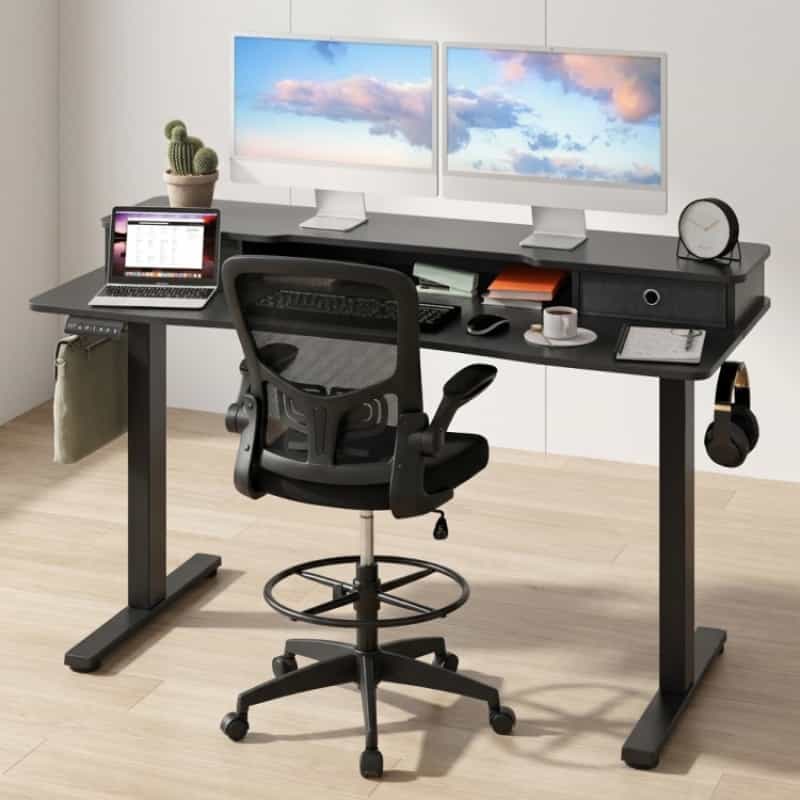 Electric Height Adjustable Standing Desk And Drafting Chair Set With Storage Drawers