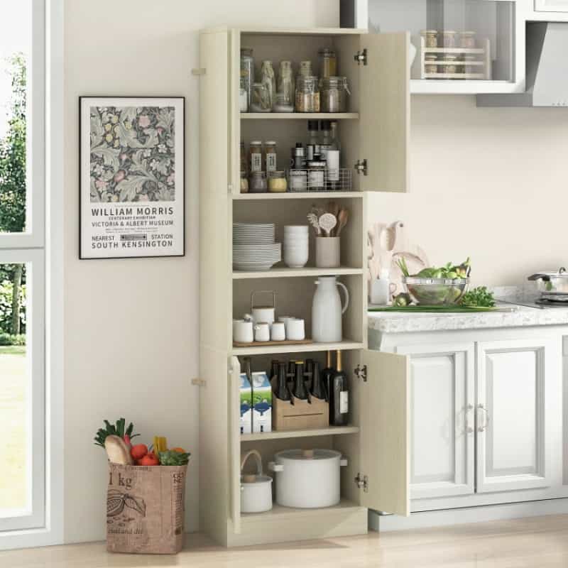 75 Inch Kitchen Pantry Cabinet Tall Cupboard With Doors And Shelves-Beige