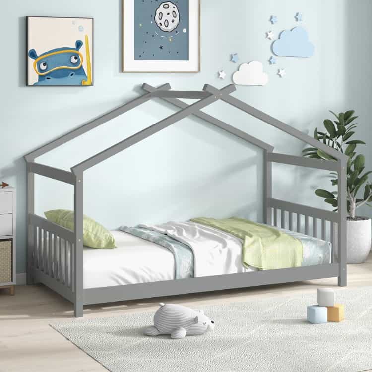 Twin Size Wooden House Bed With Roof-Gray