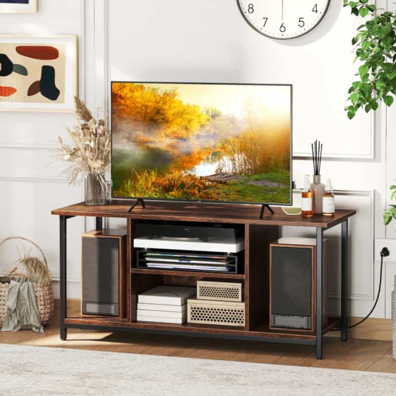 Tv Stand Entertainment Center With Open Storage Shelves And Power Outlets To 50 Inches-Rustic Brown