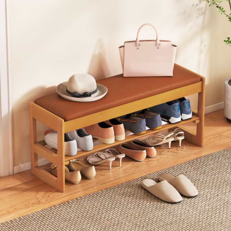 Shoe Rack Bench With Storage 2-Tier Rubberwood Entryway Bench With Flip-Open Storage-Brown