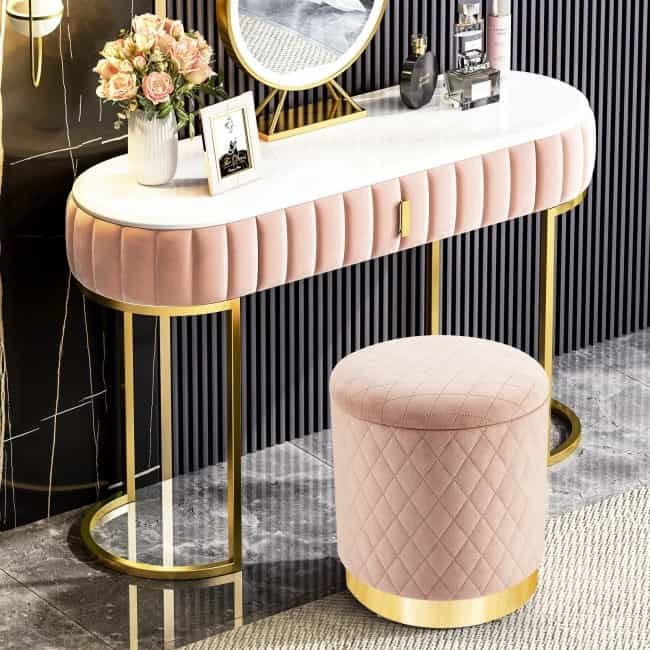 Round Storage Ottoman With Exquisite Pattern And Golden Metal Base For Bedroom