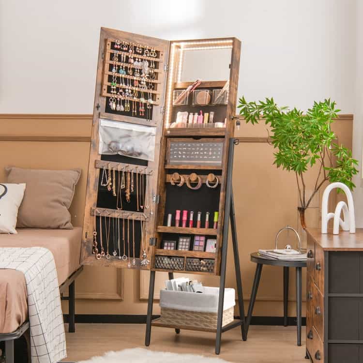 Freestanding Jewelry Cabinet With Full-Length Mirror-Rustic Brown