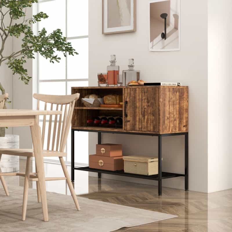Buffet Sideboard Coffee Bar Cabinet With Power Outlets And Usb Ports-Rustic Brown