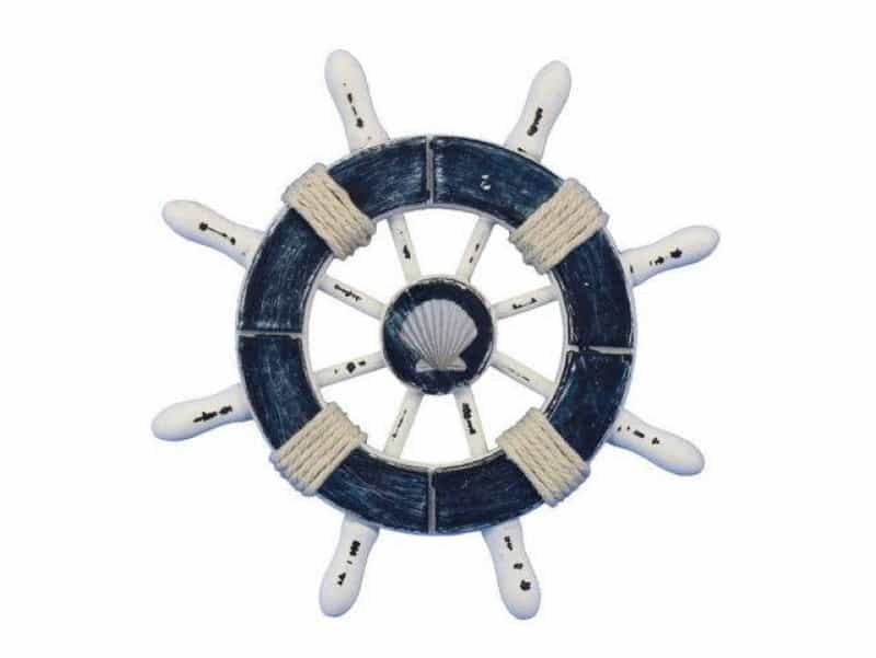 Rustic Dark Blue And White Decorative Ship Wheel With Seashell 6"