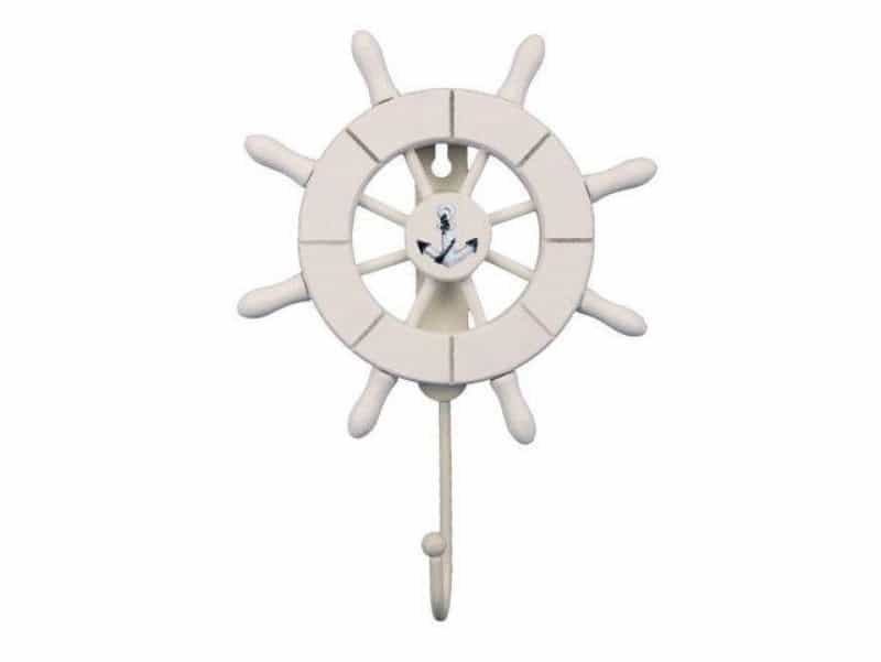 White Decorative Ship Wheel With Anchor And Hook 8"