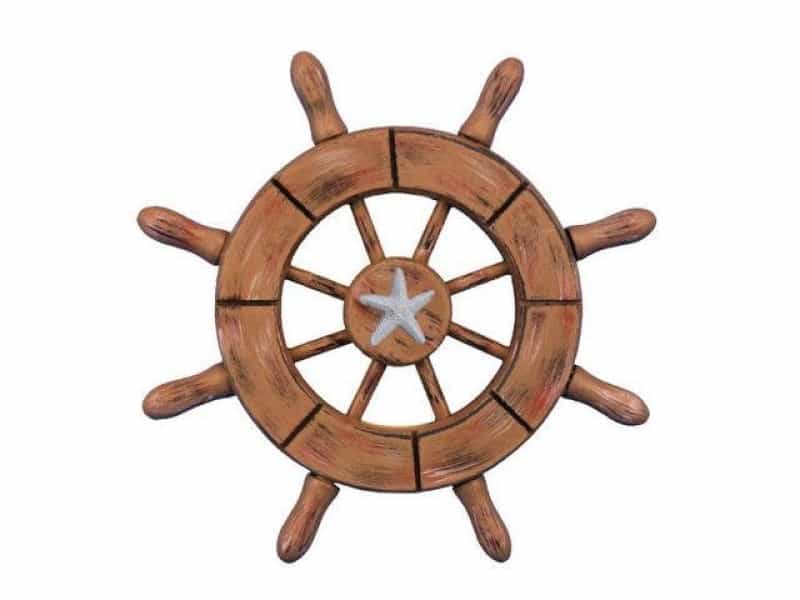 Rustic Wood Finish Decorative Ship Wheel With Starfish 6"