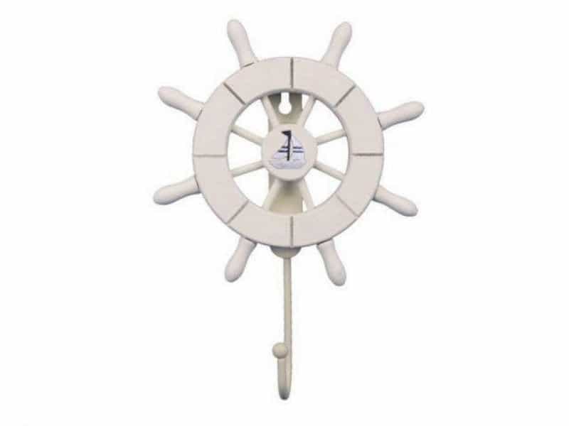 White Decorative Ship Wheel With Sailboat And Hook 8"