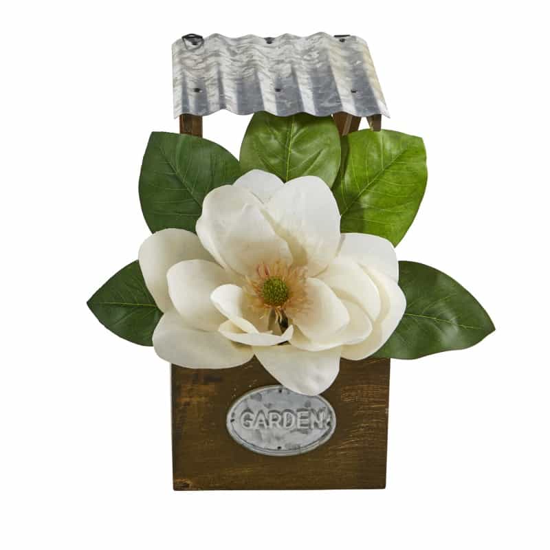 14” Magnolia Artificial Arrangement In Tin Roof Planter