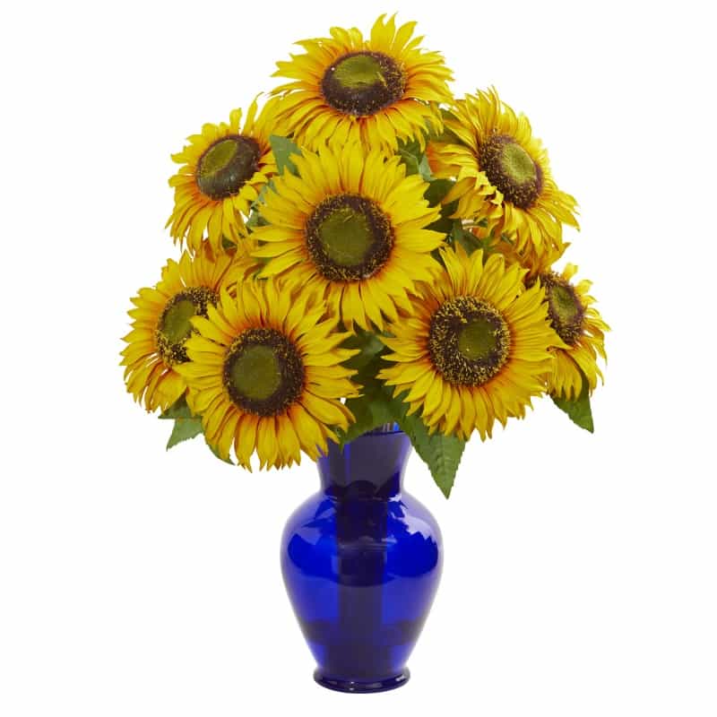 Sunflower Artificial Arrangement In Blue Garden Vase