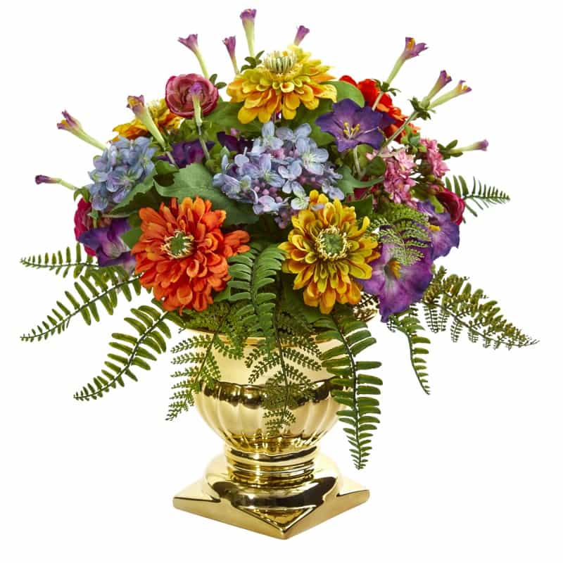 14’’ Mixed Floral Artificial Arrangement In Gold Urn