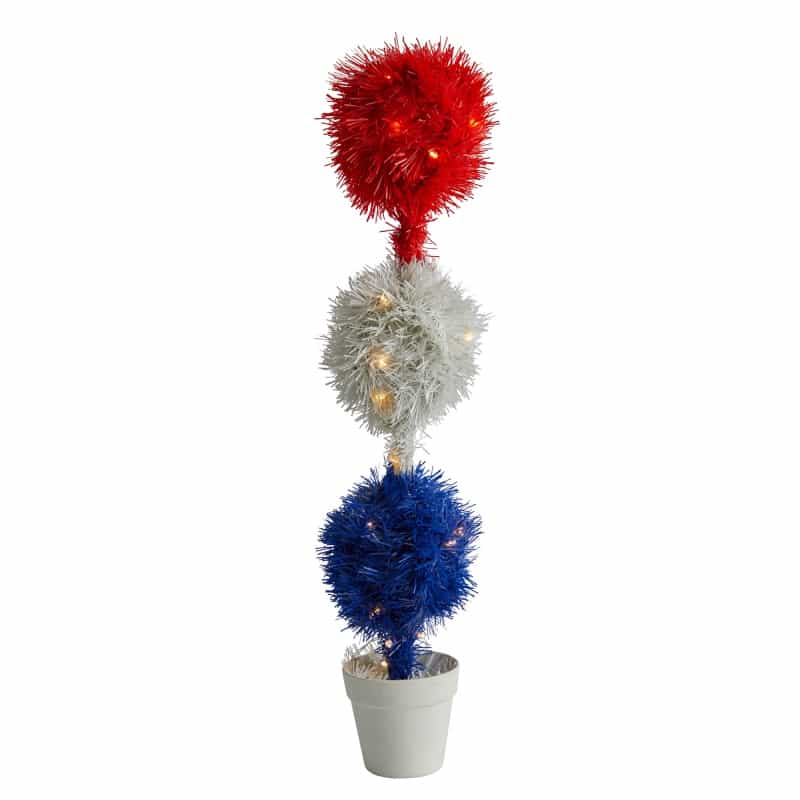 2’ Red, White And Blue “Americana” Artificial Topiary Plant With 35 Warm Led Lights