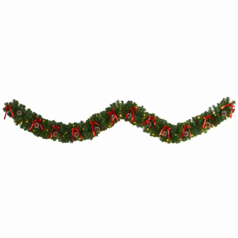 9’ Bow And Pinecone Artificial Christmas Garland With 35 Clear Led Lights