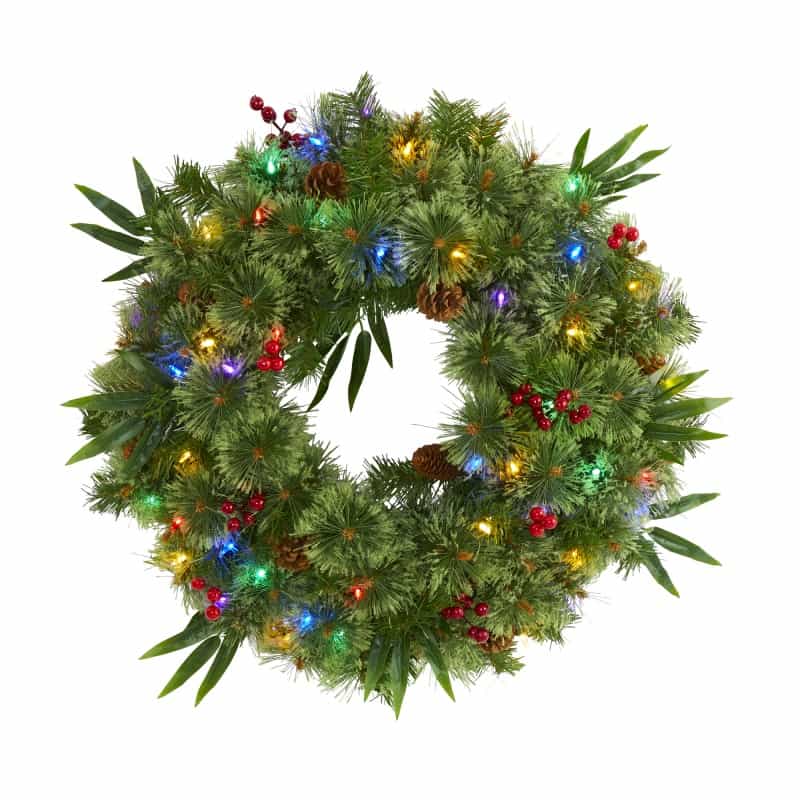 24” Mixed Pine Artificial Christmas Wreath With 50 Multicolored Led Lights, Berries And Pine Cones