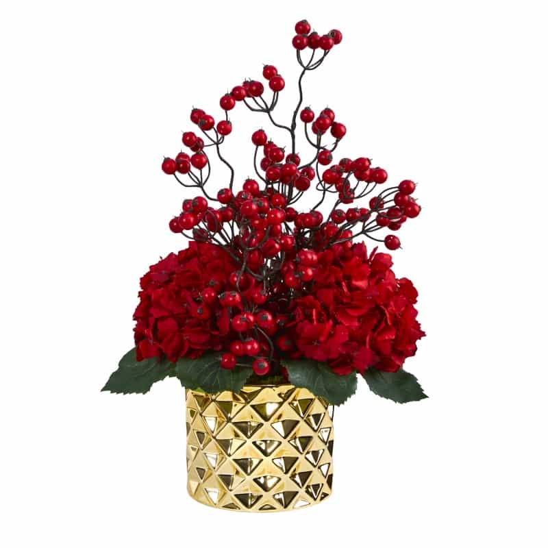 18” Hydrangea And Berries Artificial Arrangement In Gold Vase