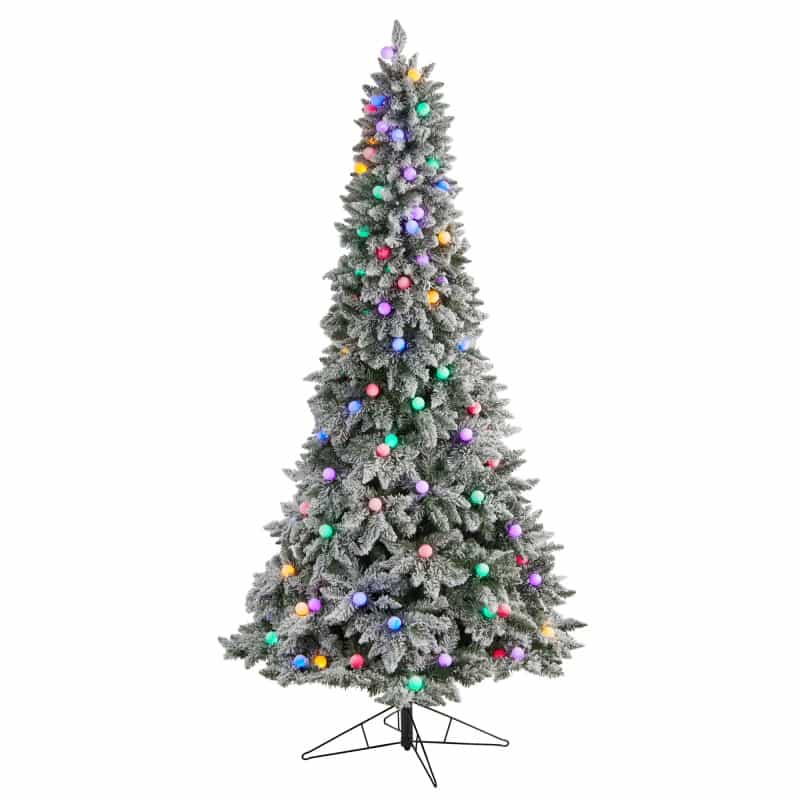 8.5' Flocked British Columbia Mountain Fir Tree With 120 Multi Color Globe Bulbs And 1513 Branches