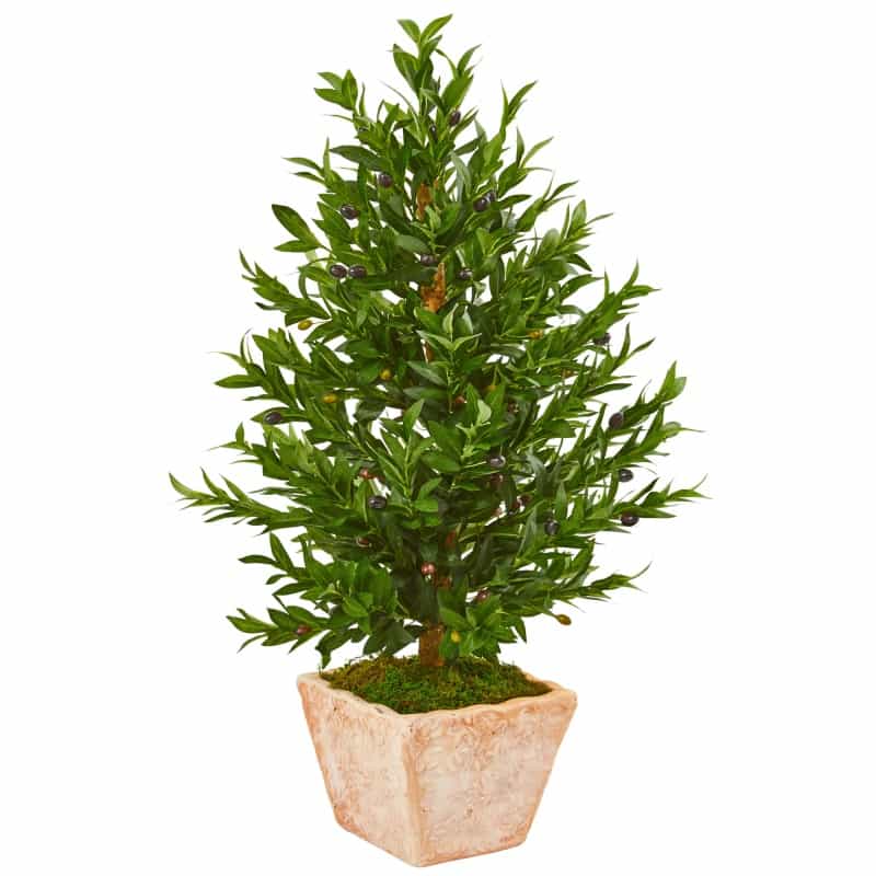 35” Olive Cone Topiary Artificial Tree In Terra Cotta Planter Uv Resistant (Indoor/Outdoor)