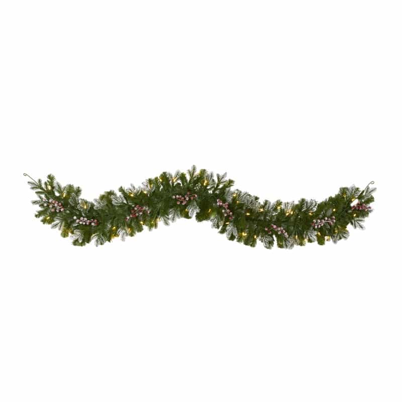 6' Snow Tipped Artificial Christmas Garland With 50 Warm White Led Lights And Berries