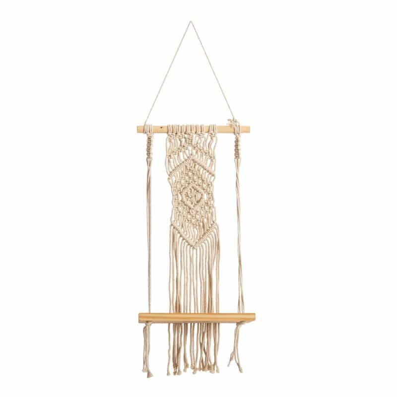 22” Boho Chic Wood Macrame Shelf With Diamond Weave