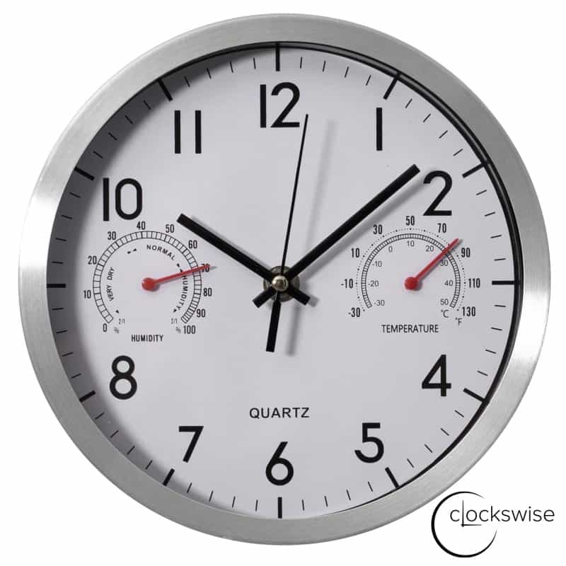 Clockswise Non-Ticking Quartz Wall Clock With Thermometer & Hygrometer - Battery Operated Aluminum Analog Clock For Temperature & Humidity Monitoring - Ideal For Home, Office Or School, Silver