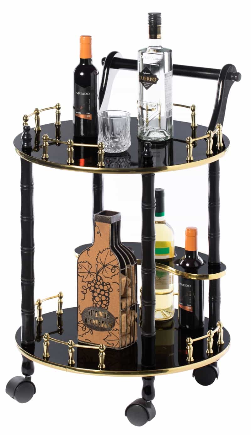 Round Wood Serving Bar Cart Tea Trolley With 2 Tier Shelves And Rolling Wheels