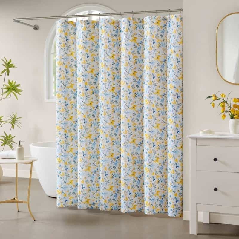 72"W X 84"H 100-Percent Cotton Yellow Blue Floral Print Shower Curtain