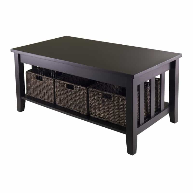 Mission Style Dark Wood Coffee Table With 3-Folding Storage Baskets
