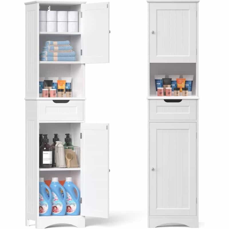 White Bathroom Linen Cabinet Tower With 2 Doors Storage Drawer And Shelf