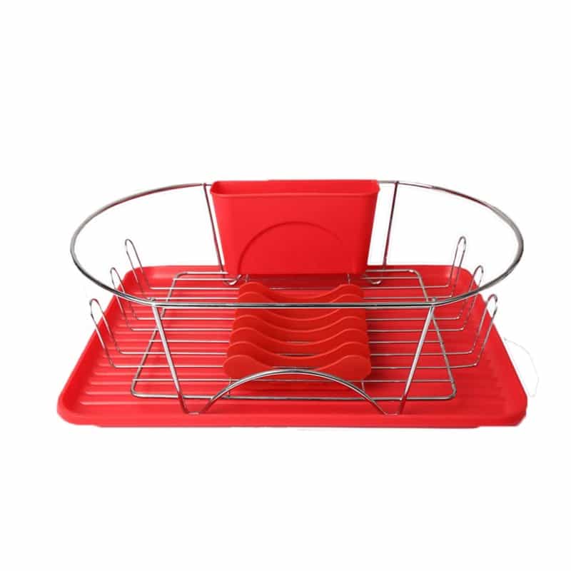 Megachef 17 Inch Red And Silver Dish Rack With Detachable Utensil Holder And A 6 Attachable Plate p