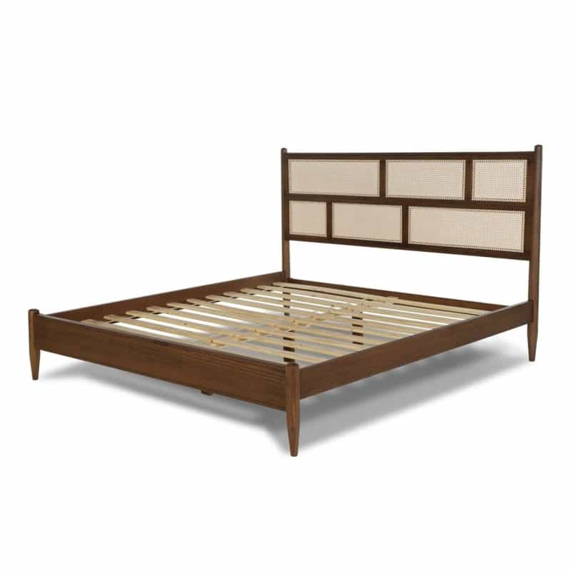 King Size Hardwood Platform Bed Frame With Cane Paneling Headboard In Walnut