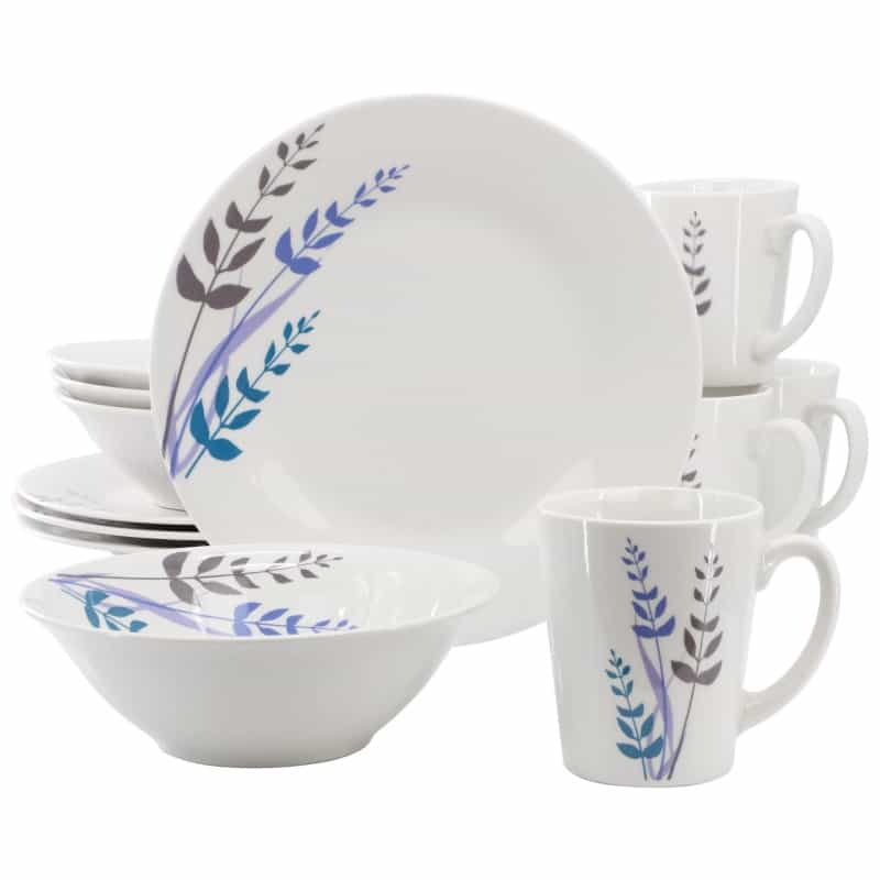 Gibson Home Blue Leaves 12 Piece Round Fine Ceramic Decorated Dinnerware Set In White